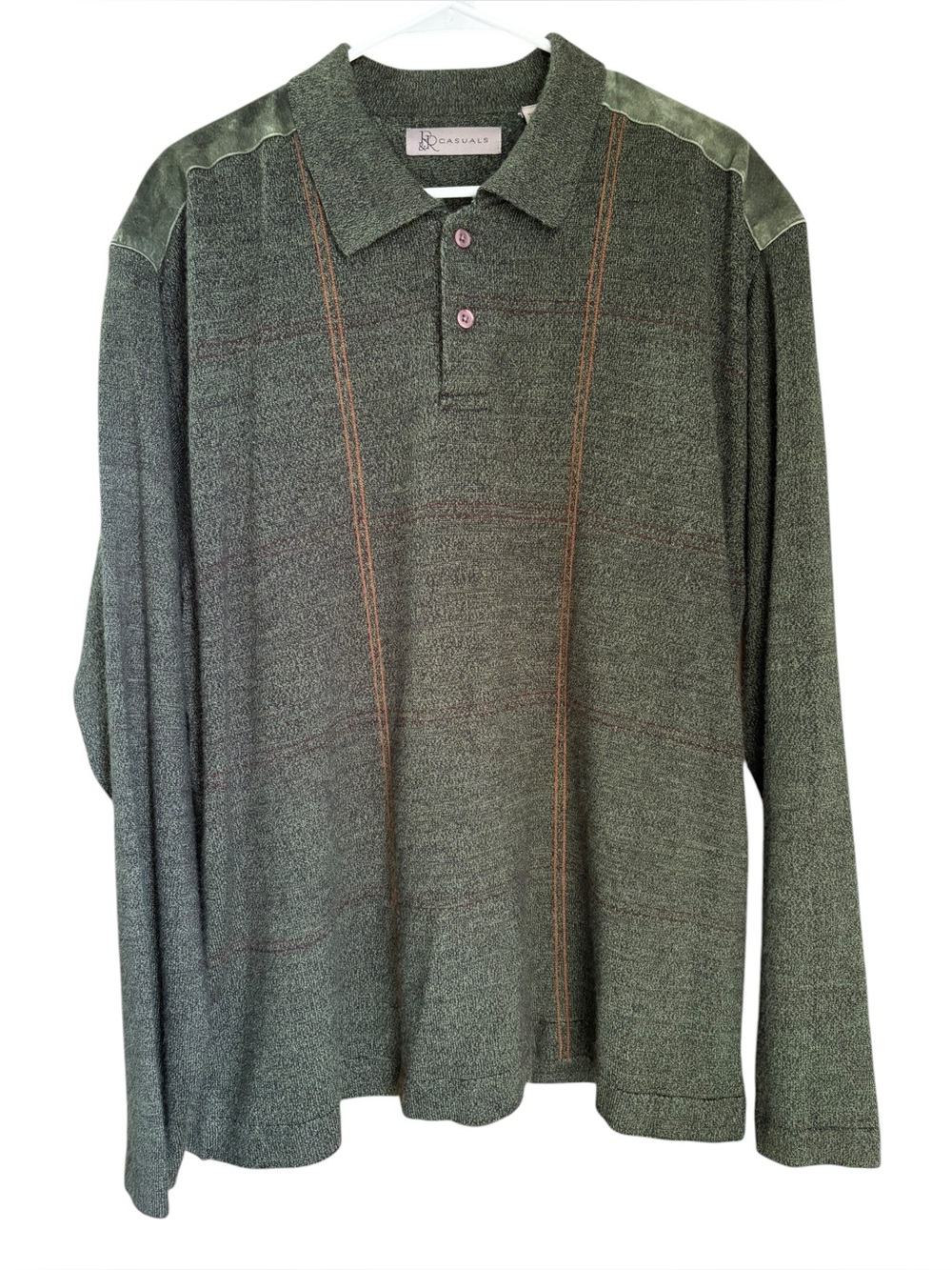 R&R Casuals Mens Long Sleeve Green Sweater Brown Design Leather Shoulders Size L